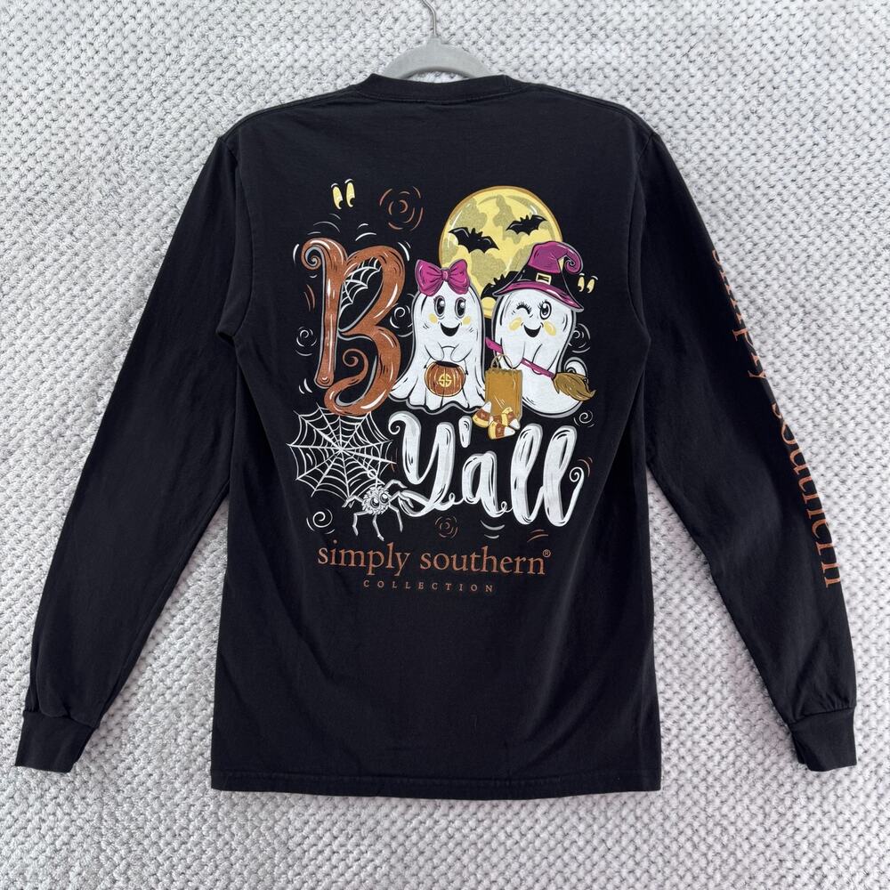 Simply Southern Top Womens S Black Ghost Halloween Boo Y'all Crew Neck